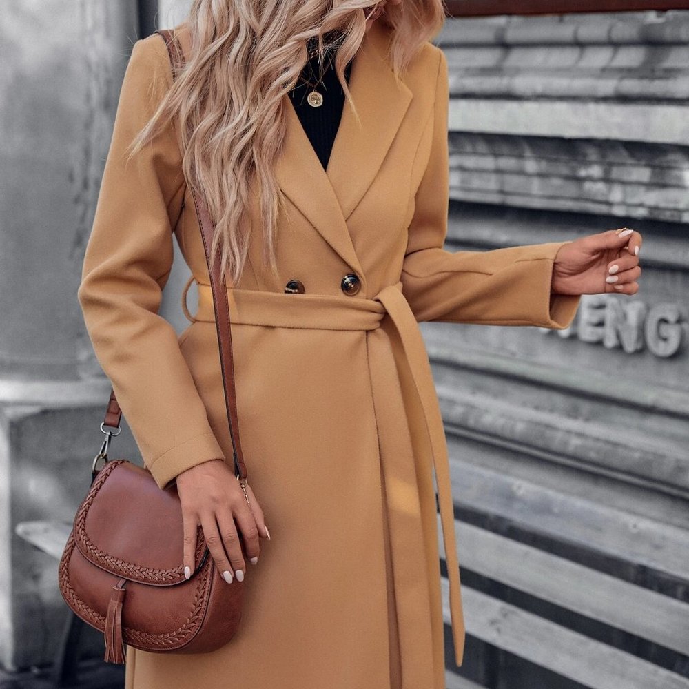 camel double button lapel neck belted coat - Picture 5 of 6